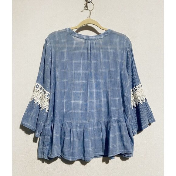 LOFT Top Womens XL Windowpane Embroidered Crochet Bell Sleeve Henley Blue Boho - Picture 4 of 8